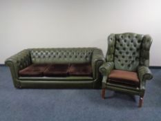 A green button leather Chesterfield settee and wingback armchair