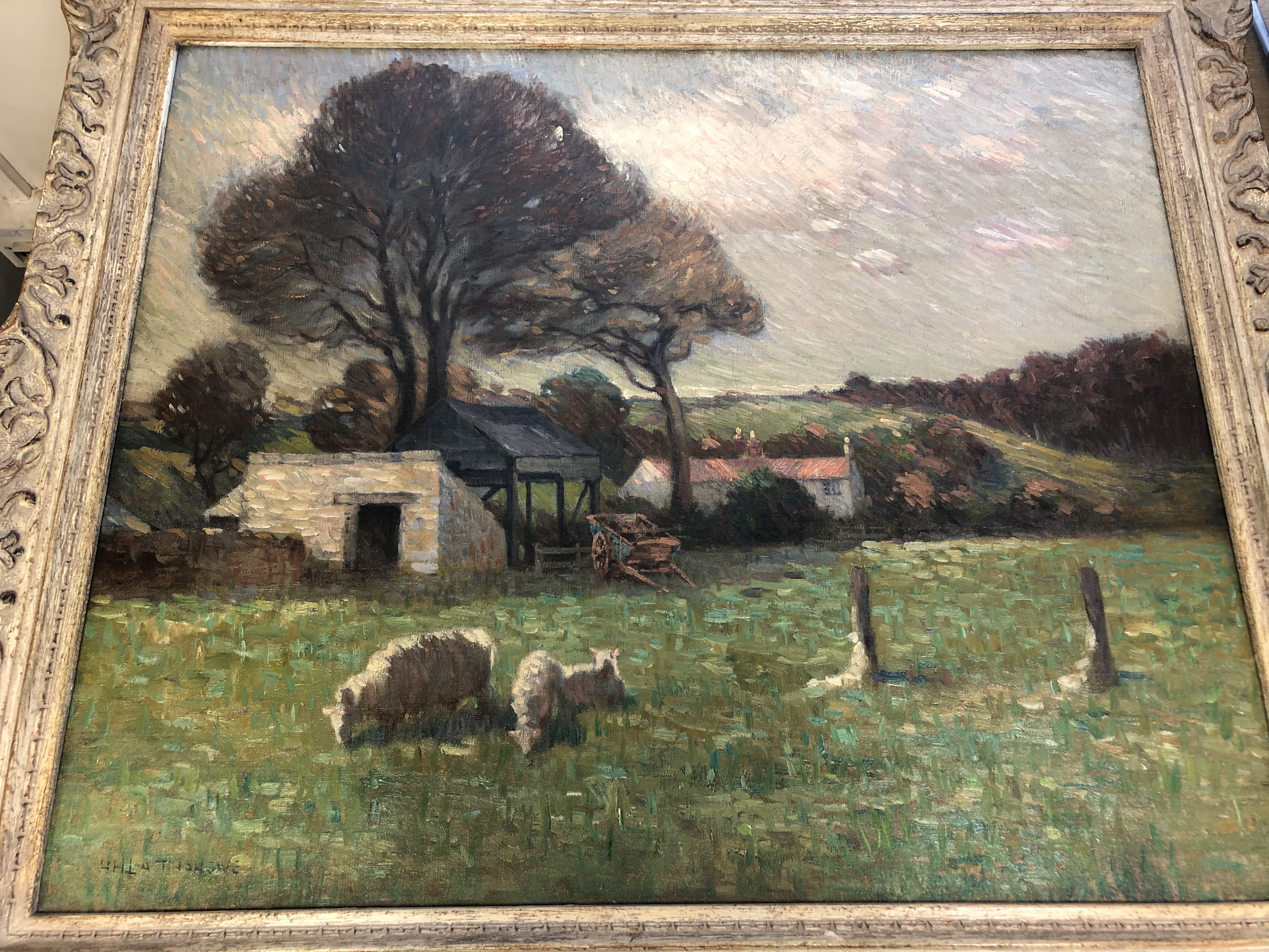 Henry Herbert La Thangue (1859 - 1929) : Sheep Grazing in a Paddock with Hay Cart and Farm - Image 2 of 17