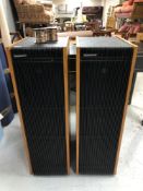 A pair of rare Cambridge Audio R50 series floor-standing teak-cased speakers, with connectors.