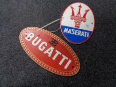 Two cast iron plaques - Bugatti and Maserati