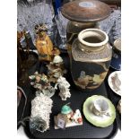 A tray of continental figures, pair of Japanese vases, pottery figure of a sheep,