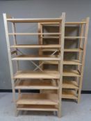 Two sets of pine open shelves 89.5 cm wide, 179 cm height and 30 cm deep.