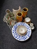 A tray of pair of Staffordshire figural table lamp bases, pottery vases,