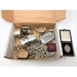 A box of costume jewellery, plated napkin rings,