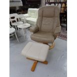 A leather swivel adjustable armchair and similar stool