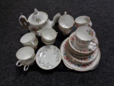 A tray of Royal Albert Moss Rose teapot, six Duchess tranquility tea cups and saucers,