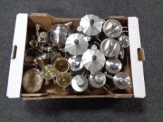 A box of metal ware, plated goblets, cruet set, cafetieres,