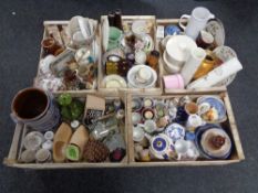 A pallet of five boxes of assorted china - Hornsea, West German storage jar, clogs,