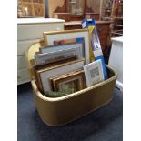 A gold loom blanket box containing assorted framed pictures and prints, oils on canvas,