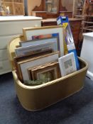 A gold loom blanket box containing assorted framed pictures and prints, oils on canvas,