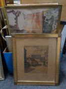 A box of 20th century continental school pictures and prints including etchings, watercolour,