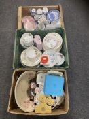 Two boxes and a crate of Royal Worcester egg coddlers, boxed Ringtons mugs, blue and white ware,