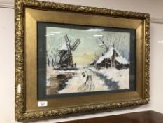 A late 19th century gilt framed watercolour, figures in a winter landscape with windmill beyond,