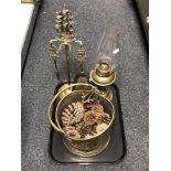 A tray of brass coal bucket with tongs and pine cones, brass ship's companion set on stand,
