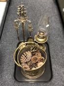 A tray of brass coal bucket with tongs and pine cones, brass ship's companion set on stand,