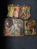 Three 20th century chalk wall panels depicting Egyptian and other scenes
