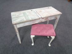 A shabby chic double school desk and a pink dralon dressing table stool