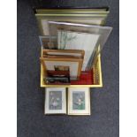 A box of assorted framed pictures and prints to include Japanese silk work panels,