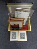 A box of assorted framed pictures and prints to include Japanese silk work panels,