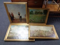 Four cricketing prints in gilt frames