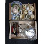 Two boxes of cutlery, assorted glass ware, china teapots,