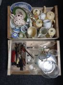 Two boxes of cutlery, assorted glass ware, china teapots,