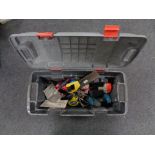 A large plastic tool box of assorted hand tools, Makita drill, spirit level,