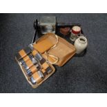 A tray of leather travel set, hip flask, vintage coach lamp,