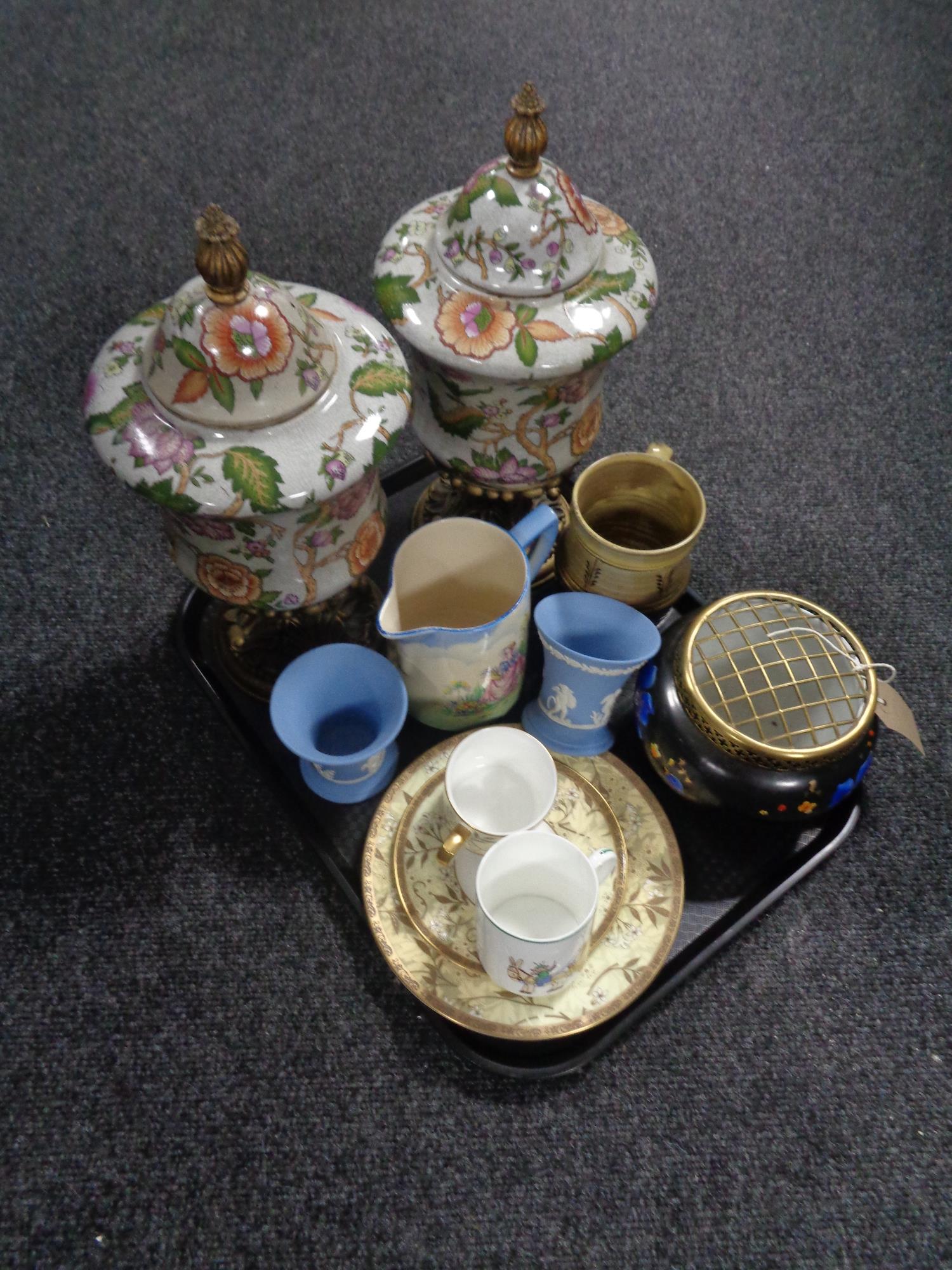 A tray of crackle glazed vases, Wedgwood jasper ware, nursery mug,