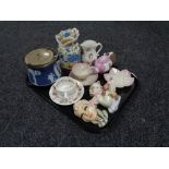 A tray of ceramics including lidded biscuit barrel, Masons Regency jug, Italian chalk wall plaque,