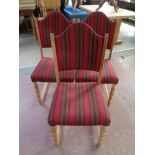 A set of eight blond oak dining chairs upholstered in a red striped fabric