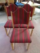 A set of eight blond oak dining chairs upholstered in a red striped fabric