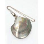 A silver mounted polished shell pendant on chain