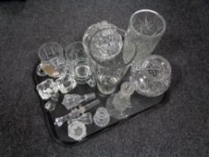 A tray of assorted glass ware and lead crystal including tankards, vases,