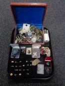 A tray of assorted costume jewellery - jewellery box, necklaces, dress rings,