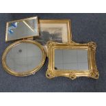 A gilt framed antiquarian black and white etching together with three gilt framed mirrors