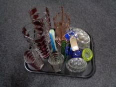 A tray of assorted glass ware including vintage jelly moulds, two tone glass vases,
