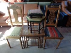 Two early 20th century bedroom chairs together with a nest of three oak tables and two tapestry