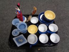 A tray of four pieces of Wedgwood Jasperware, assorted Denby stoneware cups and saucers,