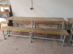 A pine and scaffold table and matching benches,