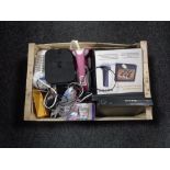 A box of electricals - Sky router, DVD player, boxed Sovos portable digital TV,
