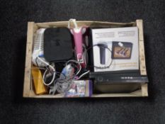 A box of electricals - Sky router, DVD player, boxed Sovos portable digital TV,