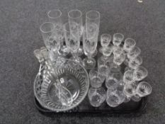 A tray of Edinburgh Crystal salad bowl and servers and a quantity of drinking glasses