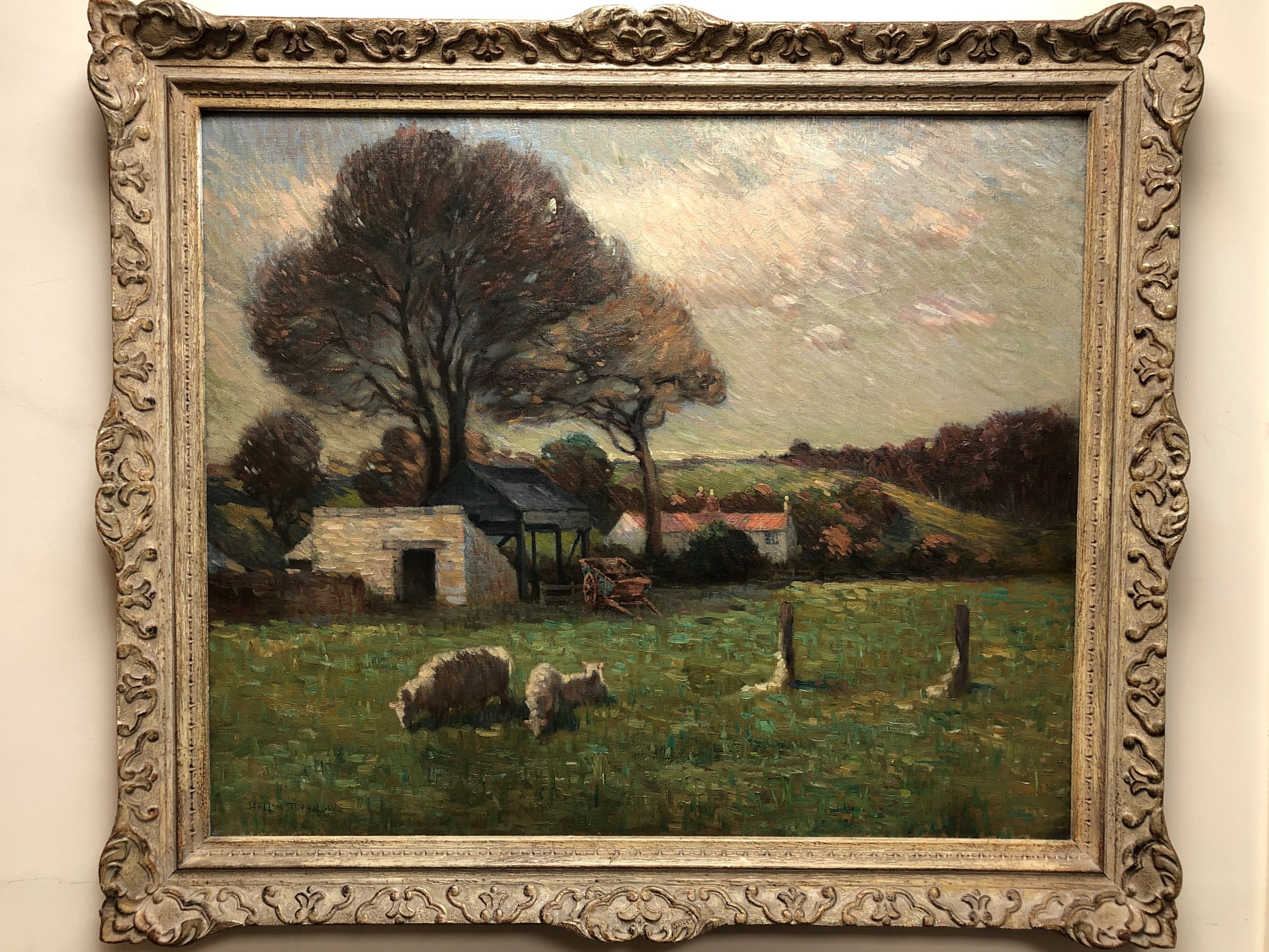 Henry Herbert La Thangue (1859 - 1929) : Sheep Grazing in a Paddock with Hay Cart and Farm