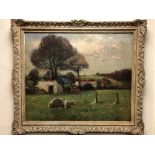 Henry Herbert La Thangue (1859 - 1929) : Sheep Grazing in a Paddock with Hay Cart and Farm