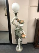 A pair of marble floor lamps modelled as maidens holding flowers,