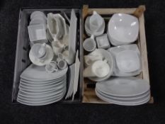 Two crates of white dinner ware, Nespresso cups,