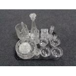A tray of assorted glass ware, lead crystal decanter, vases,