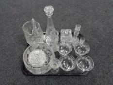 A tray of assorted glass ware, lead crystal decanter, vases,