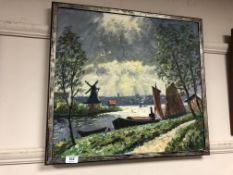 Continental school - oil on canvas depicting a windmill and boats at sunset